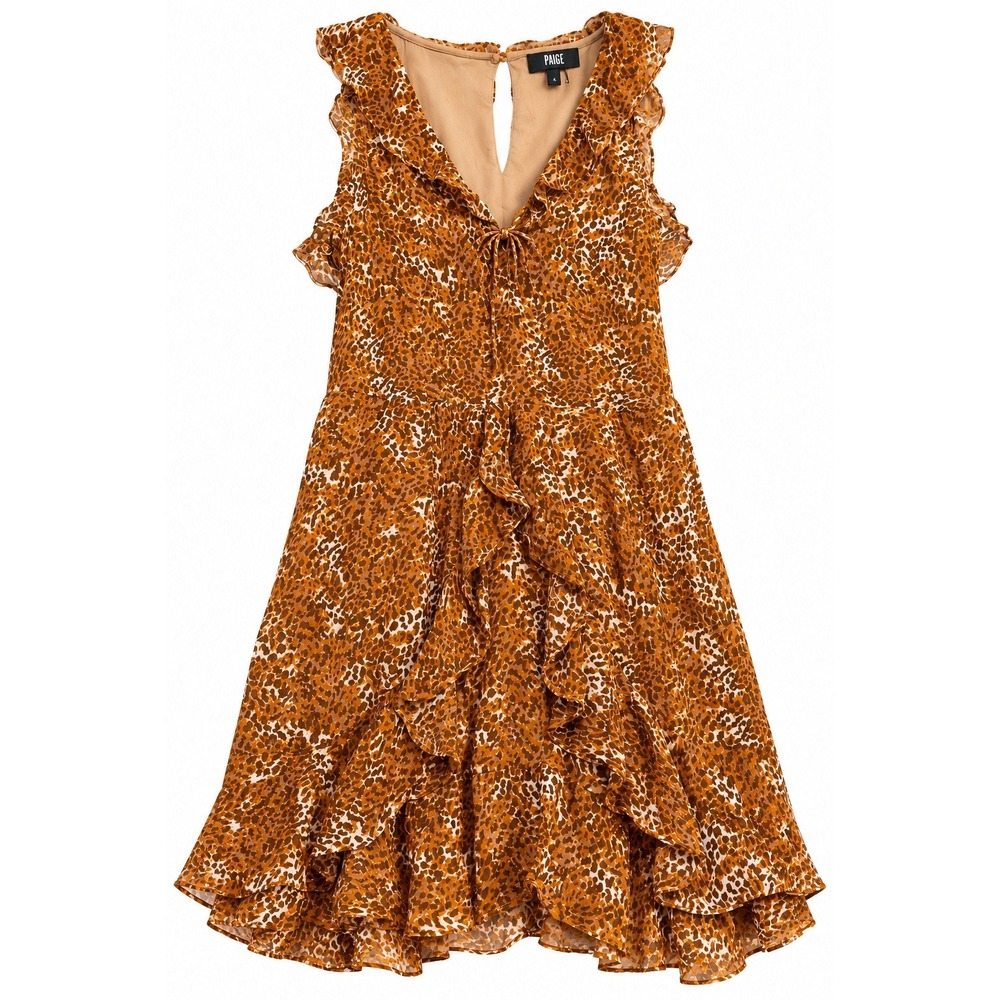 PAIGE 100% Silk Ruffle Mini Dress Caramel Spice Leopard Print S 5133132-4812